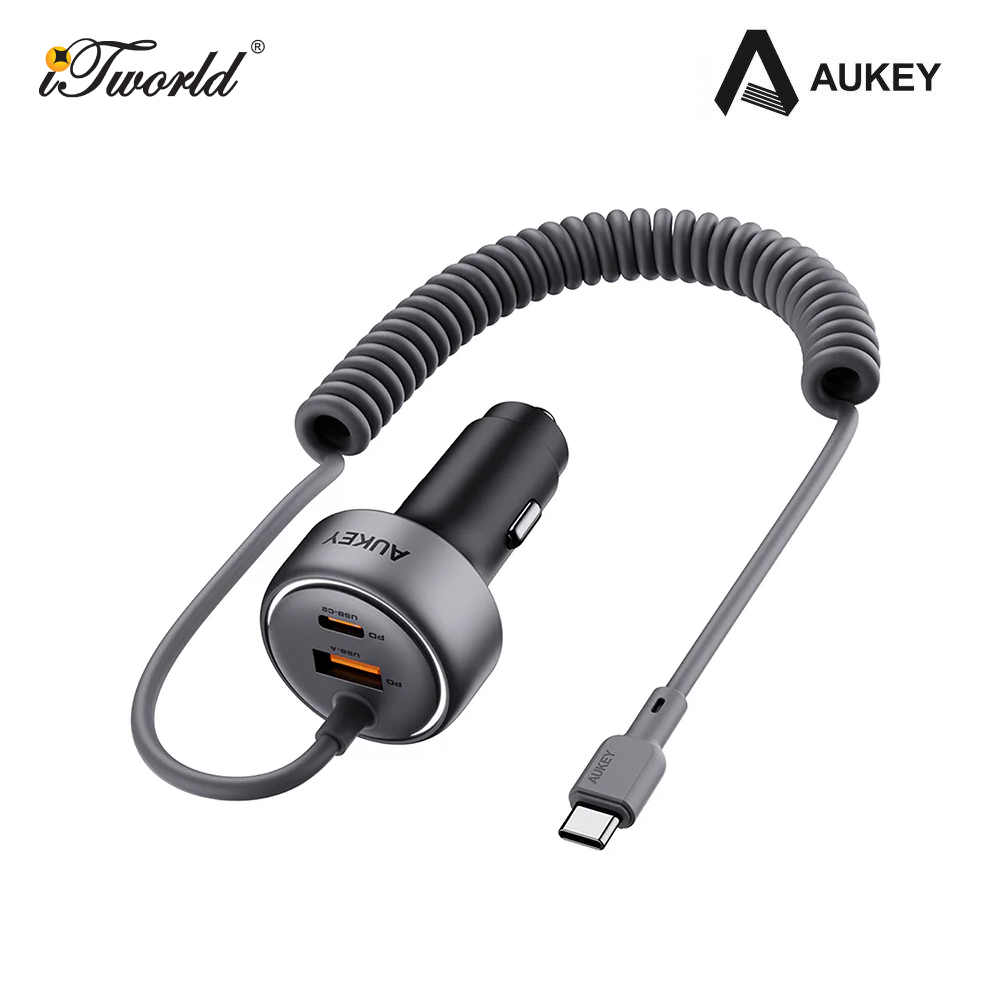 Aukey CC-P2 75W PPS Fast Charging Car Charger With Built In USB-C Cable and USB-A 689323788149