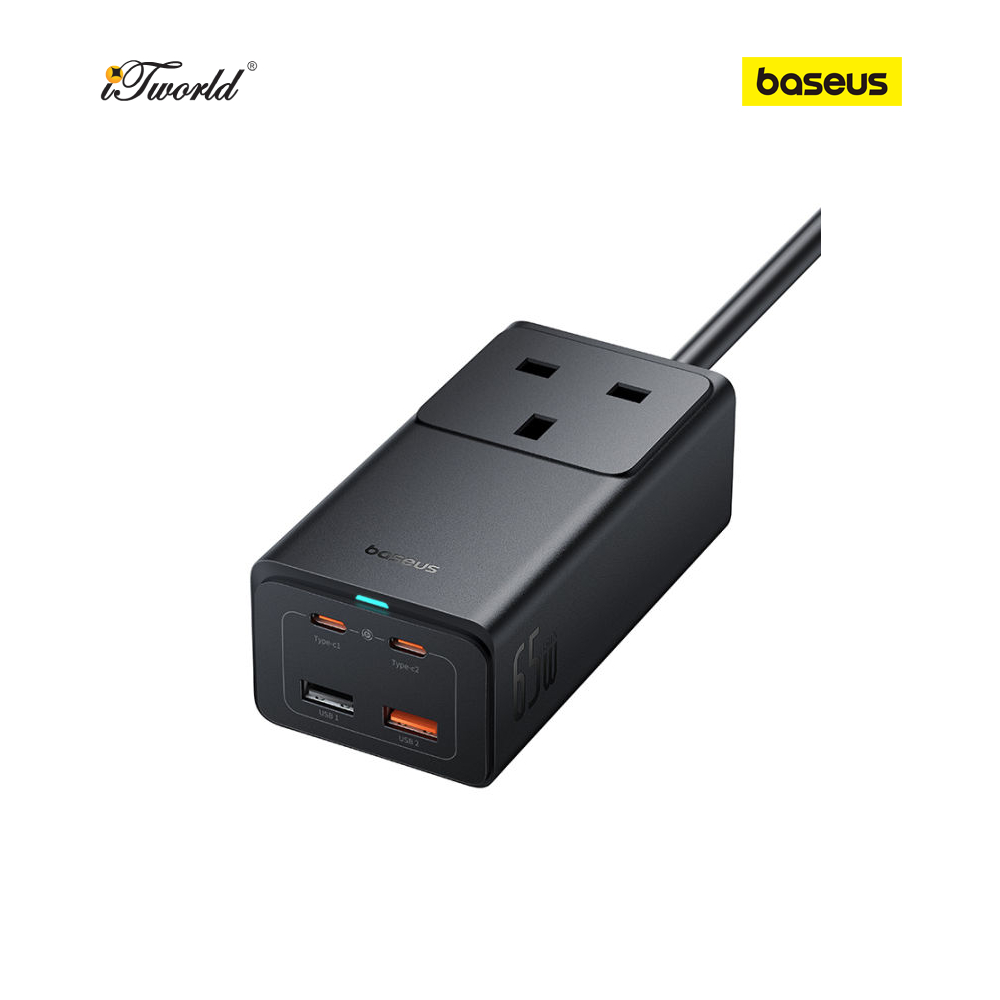 Baseus GaN5 Pro PowerCombo On Powerstrip AC+2U+2C 65W 1.5m UK Cluster Black (Include:Type-C to type-C 5A 1m)
