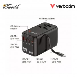 Verbatim 5-Ports 85W GaN Universal Travel Adapter with Retractable Cable (Blue) 023942301783