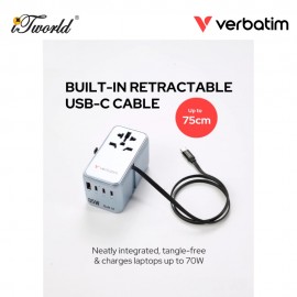 Verbatim 5-Ports 85W GaN Universal Travel Adapter with Retractable Cable (Blue) 023942301783