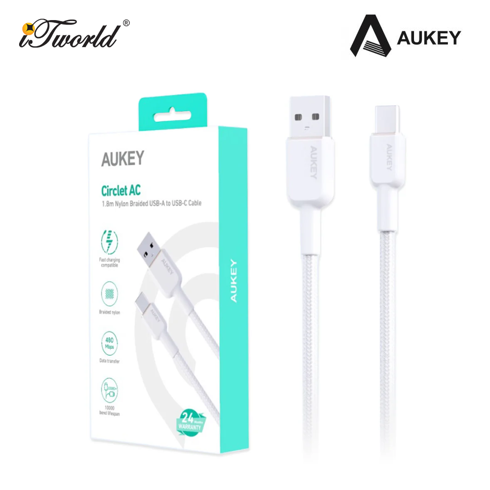 AUKEY Nylon Braided 1.8M USB-A to USB-C Cable - White 689323785896