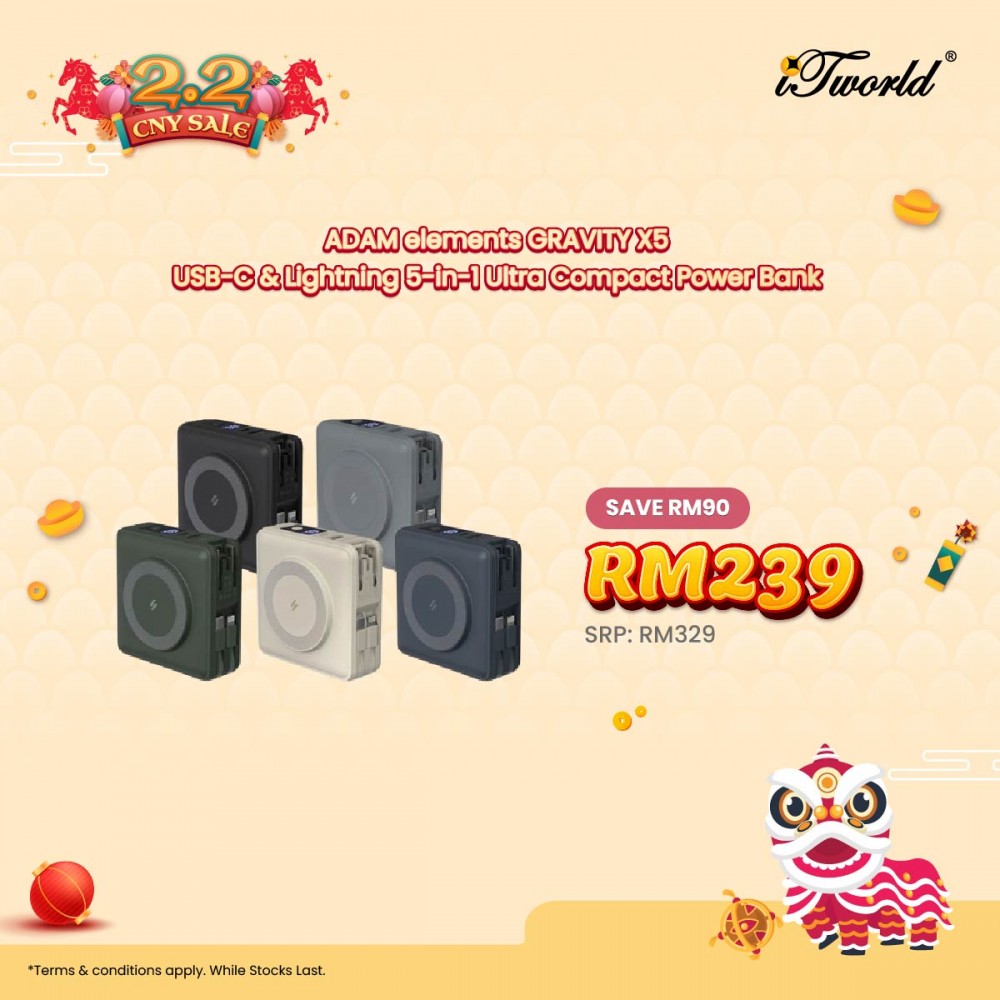 ADAM elements GRAVITY X5 USB-C & Lightning 5-in-1 Ultra Compact Power Bank (Black) 840741116444