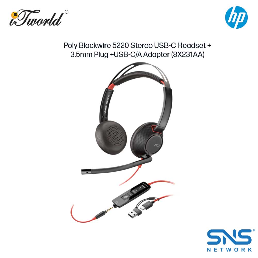 Poly Blackwire 5220 Stereo USB-C Headset +3.5mm Plug +USB-C/A Adapter (8X231AA)