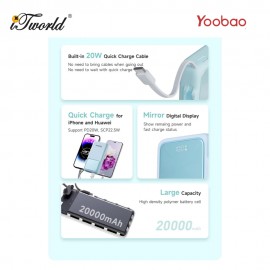Yoobao Q22 20000mAh 22.5W Quick Charge Powerbank with Build-In Type-C Cable - Black 6937135028095