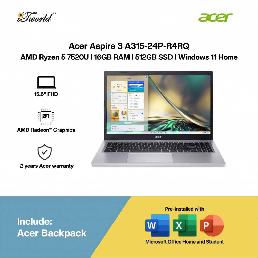 Acer Aspire 3 A315-24P-R4RQ Laptop (AMD Ryzen 5 7520U | 15.6"FHD | 16GB RAM | 512GB SSD | AMD Radeon Graphics | Windows 11 Home | Office Home & Student + Office 365)