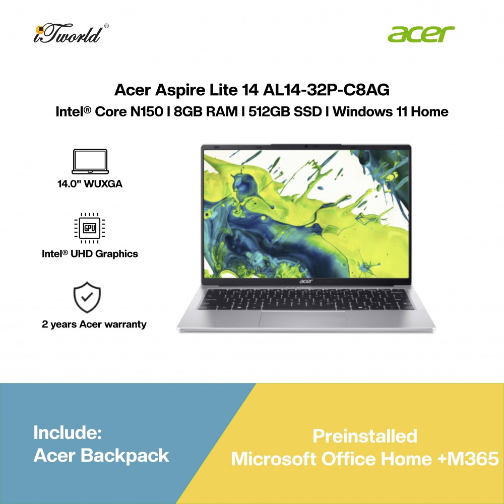 Acer Aspire Lite 14 AL14-32P-C8AG Laptop (Intel Processor N150 | 14" WUXGA | 8GB RAM | 512GB SSD | Intel UHD Graphics | Windows 11 Home | Office Home + M365)
