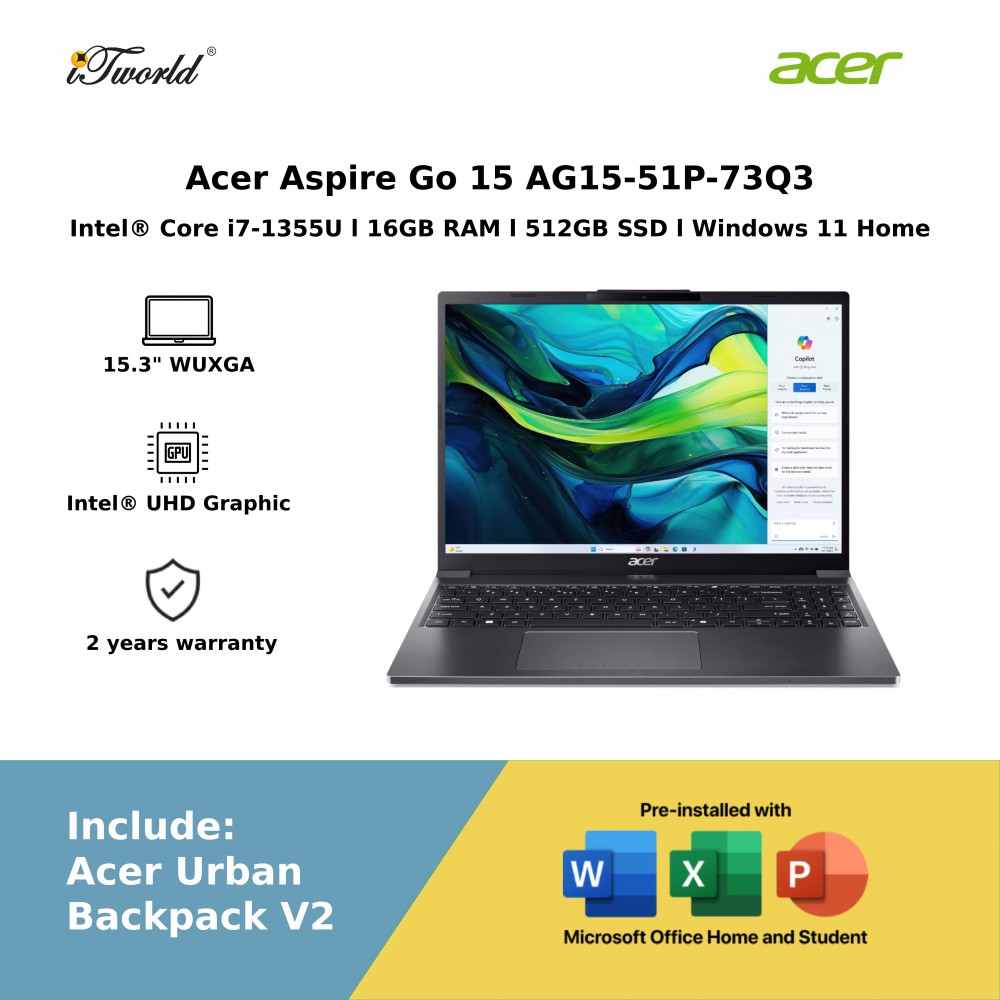 Acer Aspire Go 15 AG15-51P-73Q3 (Intel Core i7-1355u | 15.3” WUXGA | 16GB RAM | 512GB SSD | Intel UHD Graphics | Windows 11 Home)