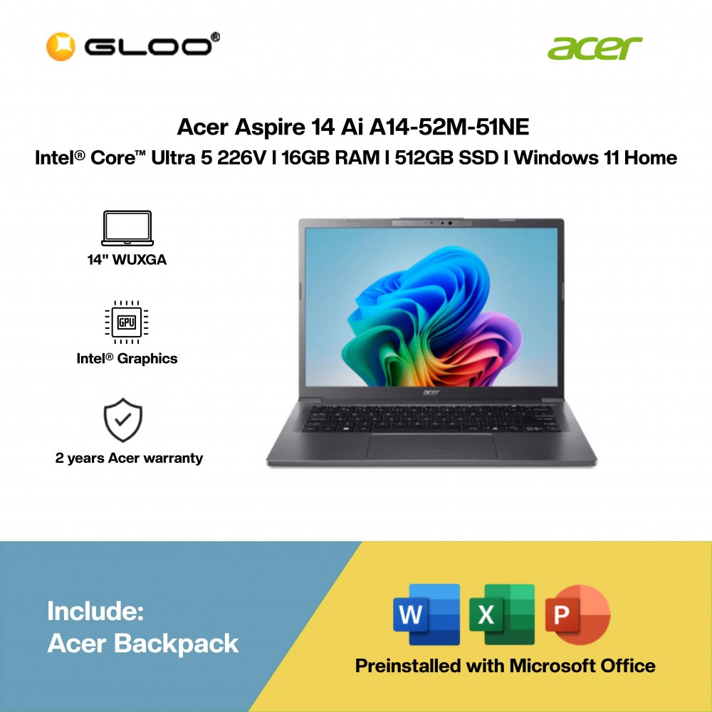 Acer Aspire 14 Ai A14-52M-51NE Laptop (Intel  ® Core™ Ultra 5 226V | 14" WUXGA | 16GB RAM | 512GB SSD | Intel Graphics | Windows 11 Home |Microsoft Office Home 2024 + Microsoft 365)