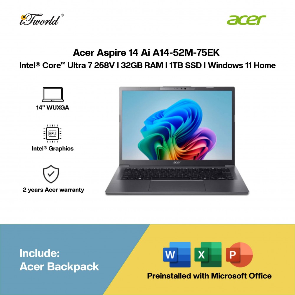 Acer Aspire 14 Ai A14-52M-75EK Laptop (Intel  ® Core™ Ultra 7 258V | 14" WUXGA | 32GB RAM | 1TB SSD | Intel Graphics | Windows 11 Home |Microsoft Office Home 2024 + Microsoft 365)