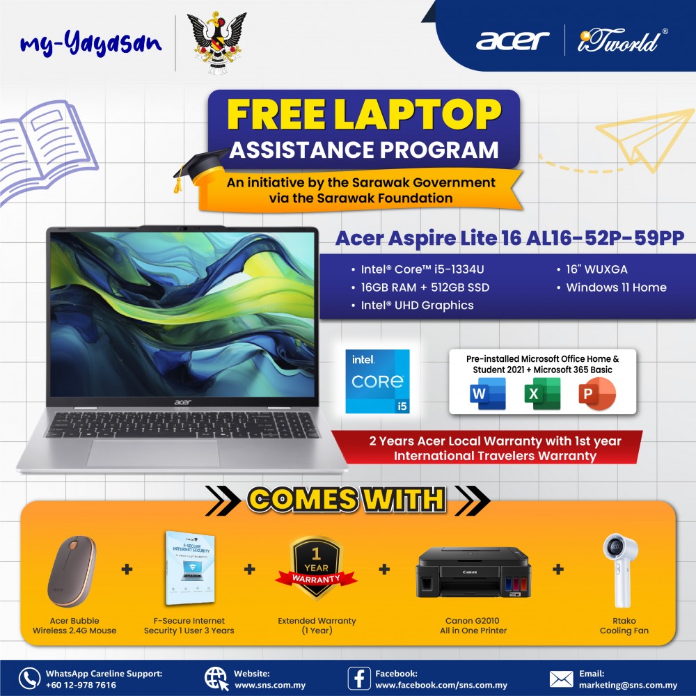 (my-Yayasan) Acer Aspire Lite 16 AL16-52P-59PP Laptop (Intel Core i5-1334U | 16” WUXGA | 16GB RAM | 512GB SSD | Intel UHD Graphics | Windows 11 Home | Office Home & Student + Office 365)