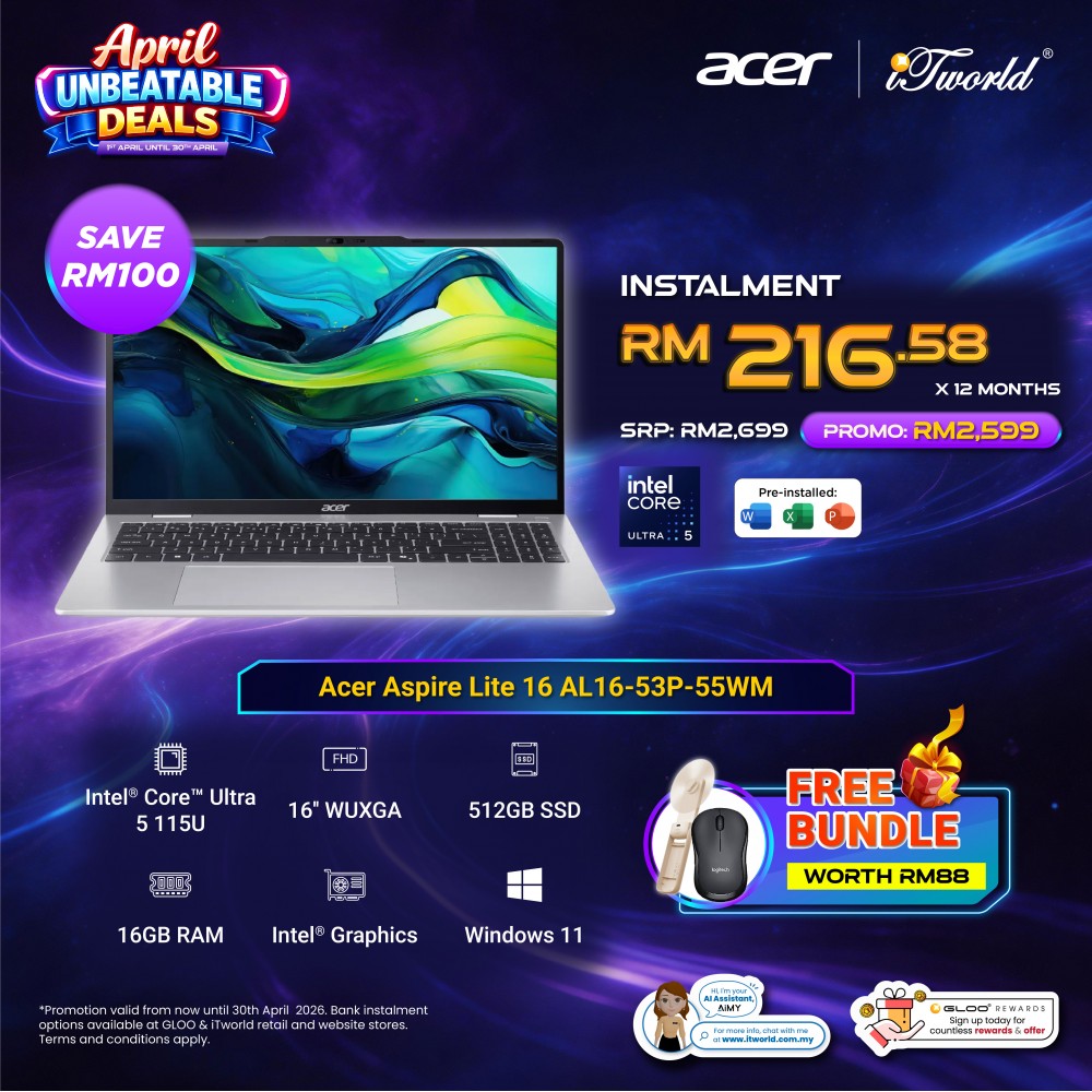 Acer Aspire Lite 16 AL16-53P-55WM Laptop (Intel  ® Core™ Ultra 5 115U | 16" WUXGA | 16GB RAM | 512GB SSD | Intel UHD Graphics | Windows 11 Home| Microsoft Office Home 2024 + Microsoft 365 Basic)