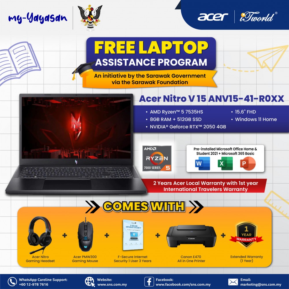(my-Yayasan) Acer Nitro V15 ANV15-41-R0XX Gaming Laptop (AMD Ryzen™ 5 7535HS | 15.6" FHD | 8GB RAM | 512GB SSD | NVIDIA  ® GeForce RTX™ 2050 | Windows 11 Home | Office Home & Student)