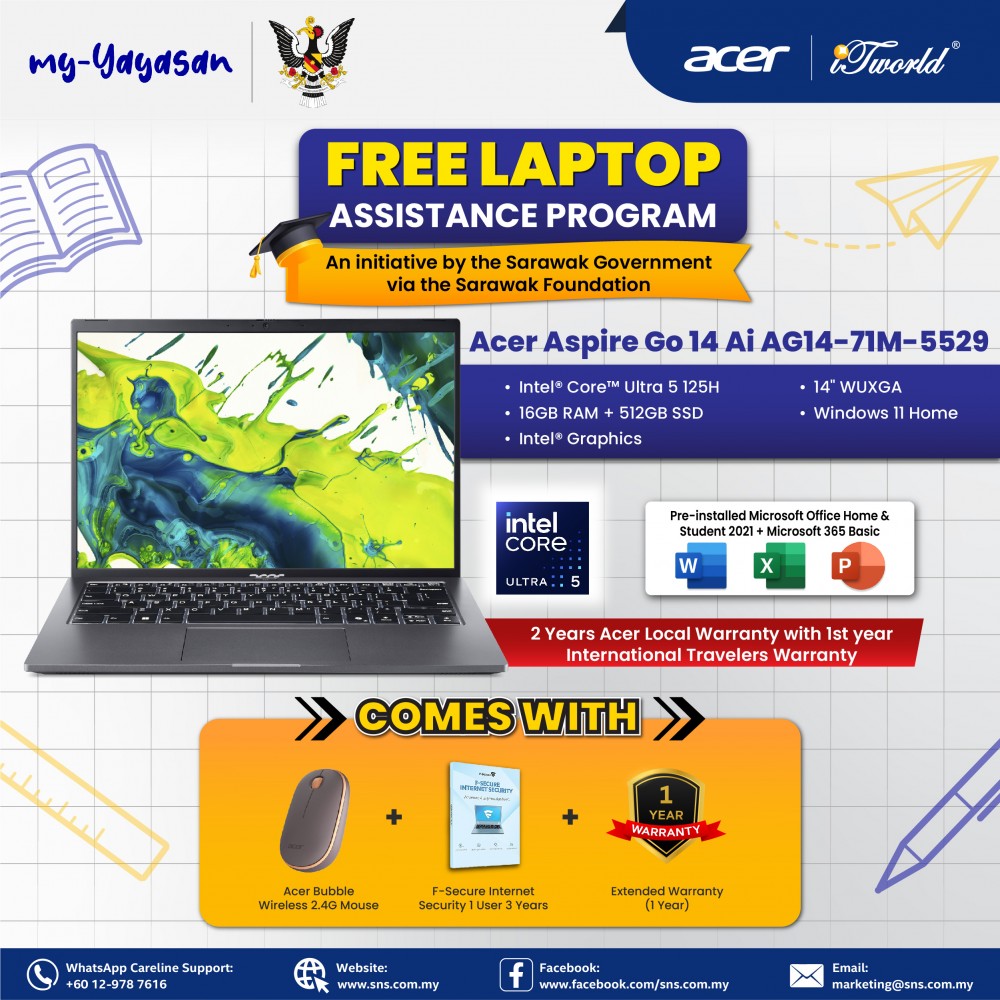 (my-Yayasan) Acer Aspire Go 14 AG14-71M-5529 Laptop (Intel  ® Core™ Ultra 5 processor 125H | 14" WUXGA | 16GB RAM | 512GB SSD | Intel  ® Graphics | Windows 11 Home | Office Home & Student)