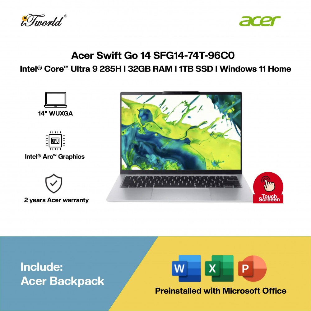 Acer Swift Go 14 SFG14-74T-96C0 Laptop (Intel  ® Core™ Ultra 9 285H | 14" WUXGA Touch | 32GB RAM | 1TB SSD | Intel  ® Arc™ Graphics | Windows 11 Home |Microsoft Office Home 2024 + Microsoft 365)