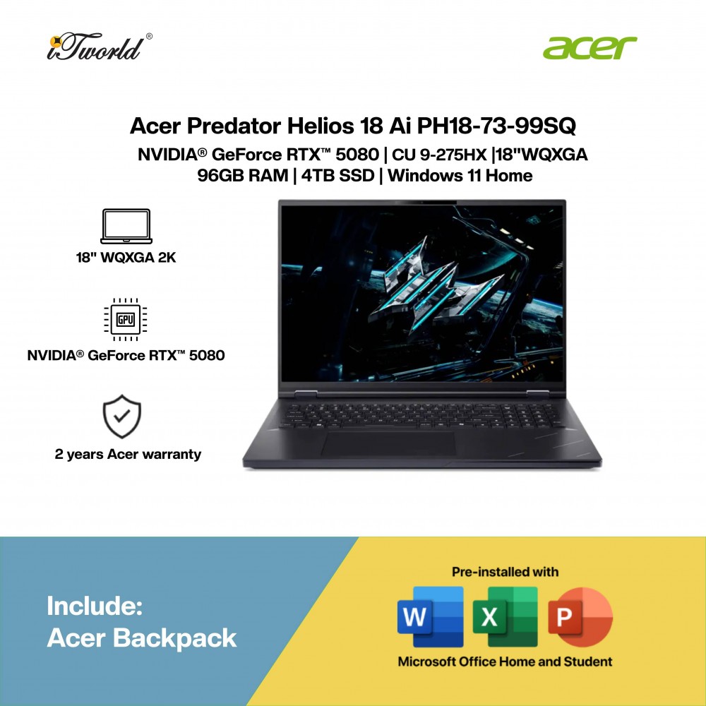 Acer Predator Helios 18 Ai PH18-73-99SQ Gaming Laptop (NVIDIA  ® GeForce RTX™ 5080 | CU 9-275HX |18"WQXGA | 96GB RAM | 4TB SSD | Windows 11 Home | Office Home & Student + M365) 