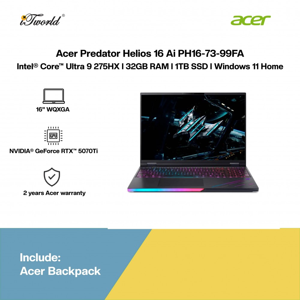 Acer Predator Helios 16 Ai PH16-73-99FA Gaming Laptop (NVIDIA  ® GeForce RTX™ 5070 Ti | CU 9-275HX | 16" WQXGA | 32GB RAM | 1TB SSD | Windows 11 Home)