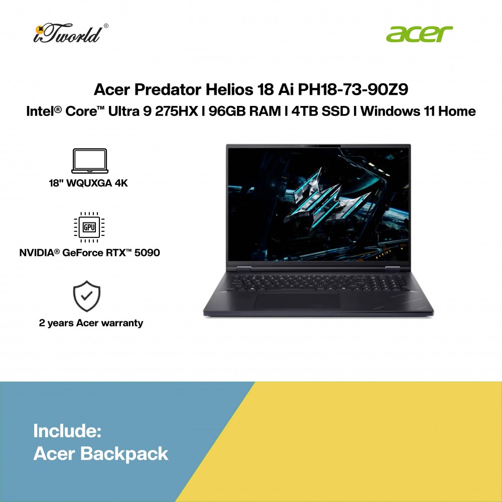 Acer Predator Helios 18 Ai PH18-73-90Z9 Gaming Laptop (NVIDIA  ® GeForce RTX™ 5090 | CU 9 -275HX | 18" WQUXGA | 96GB RAM | 4TB SSD | Windows 11 Home | Office Home & Student + M365)