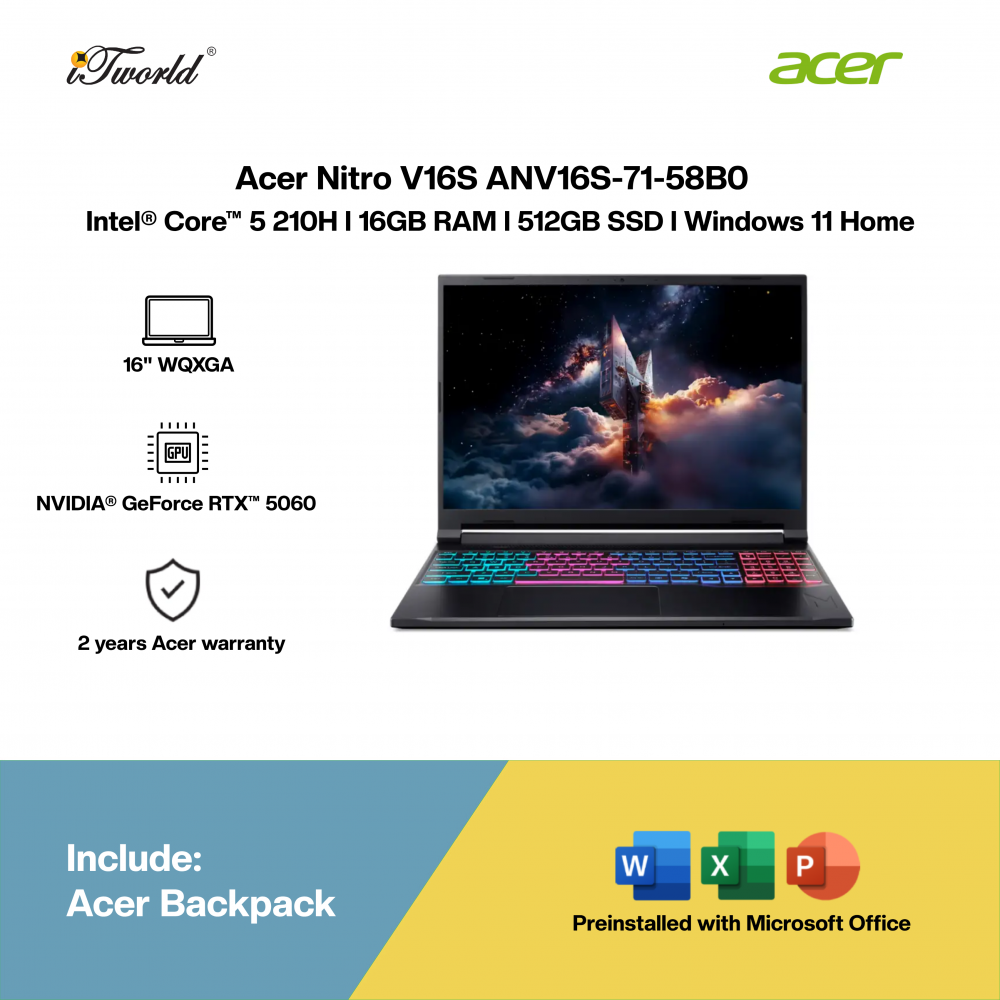 Acer Nitro V16S ANV16S-71-58B0 Gaming Laptop (Intel  ® Core™ 5 210H | 16” WQXGA | 16GB RAM | 512GB SSD | NVIDIA  ® GeForce RTX™ 5060 | Windows 11 Home | Microsoft Office Home 2024 + Microsoft 365)