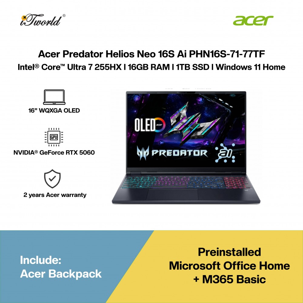 Acer Predator Helios Neo 16S Ai PHN16S-71-77TF Gaming Laptop (NVIDIA  ® GeForce RTX™ 5060 | CU 7-255HX | 16”WQXGA OLED | 16GB RAM | 1TB SSD | Windows 11 Home | Office Home + M365)