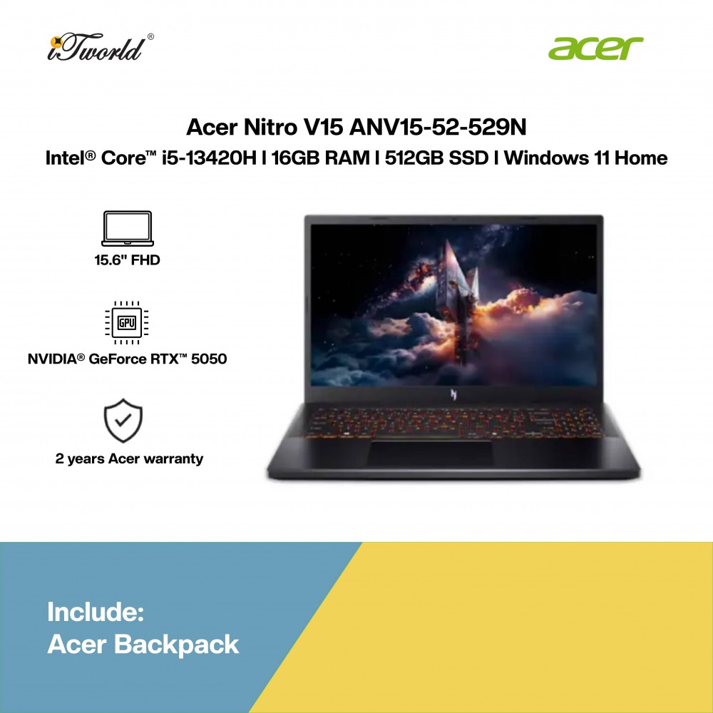 Acer Nitro V15 ANV15-52-529N Gaming Laptop (NVIDIA  ® GeForce RTX™ 5050 | C i5-13420H | 15.6" FHD | 16GB RAM | 512GB SSD | Windows 11 Home | Office Home & Student + M365)