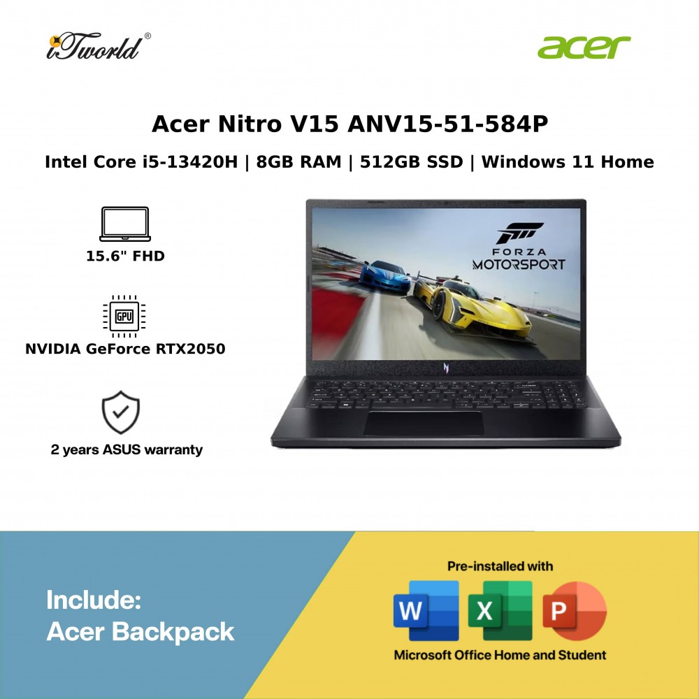 Acer Nitro V15 ANV15-51-584P Gaming Laptop (Intel Core i5-13420H Processor | 15.6" FHD | 8GB RAM | 512GB SSD | NVIDIA GeForce RTX2050 | Windows 11 Home) 