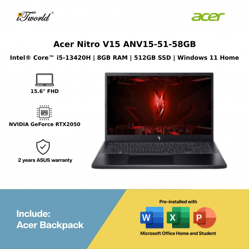 Acer Nitro V15 ANV15-51-58GB Laptop (Intel  ® Core™ i5-13420H Processor | 15.6” FHD | 8GB RAM | 512GB SSD | NVIDIA  ® Geforce RTX™ 2050 | Windows 11 Home) 