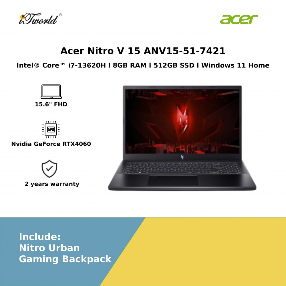 Acer Nitro V 15 ANV15-51-7421 (Intel Core i7-13620H | 15.6” FHD | 8GB RAM | 512GB SSD | Nvidia GeForce RTX4060 | Windows 11 Home)