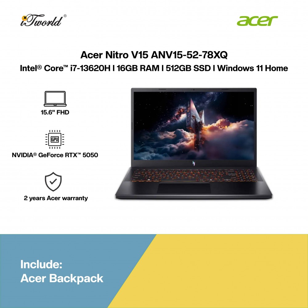 Acer Nitro V15 ANV15-52-78XQ Gaming Laptop (NVIDIA  ® GeForce RTX™ 5050 | C i7-13620H | 15.6" FHD | 16GB RAM | 512GB SSD | Windows 11 Home | Office Home + M365)