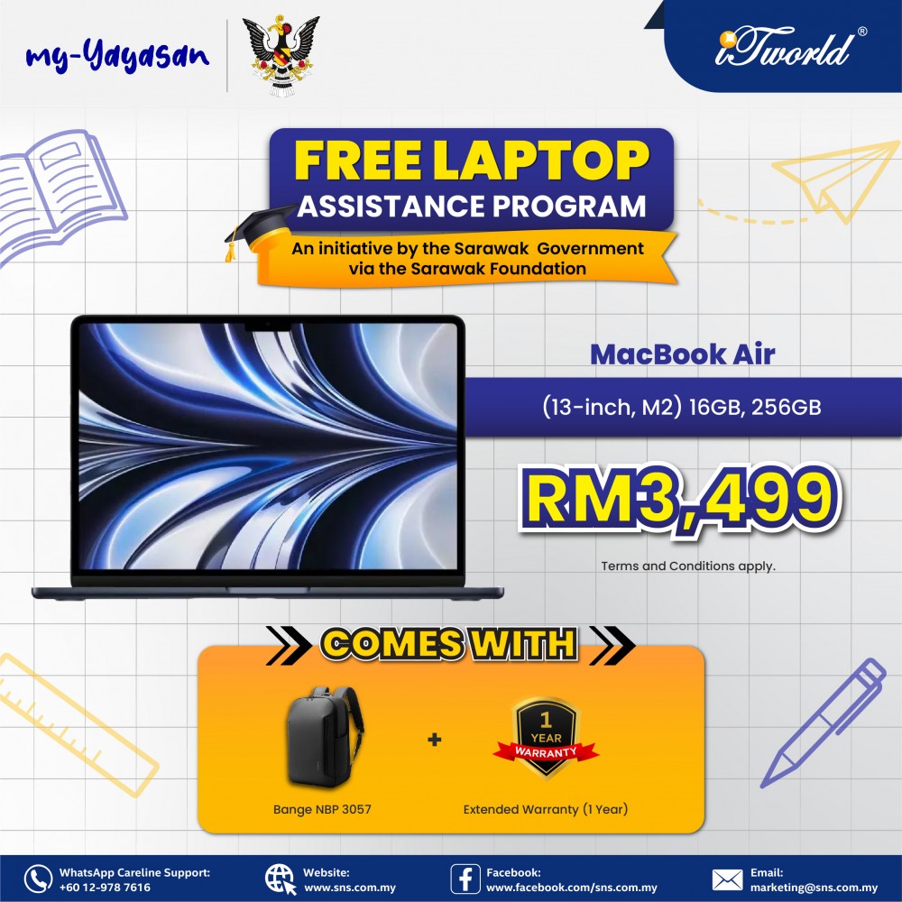 (my Yayasan) Apple 13-inch MacBook Air, M2 chip with 8-core CPU and 8-core GPU, 16GB, 256GB - Space Grey