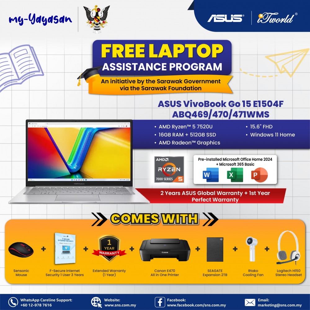 (my-Yayasan) ASUS Vivobook Go 15 E1504F-ABQ470WMS Laptop (AMD Ryzen™ 5 7520U | 15.6” FHD | 16GB RAM | 512GB SSD | AMD Radeon™ Graphics | Windows 11 Home) 