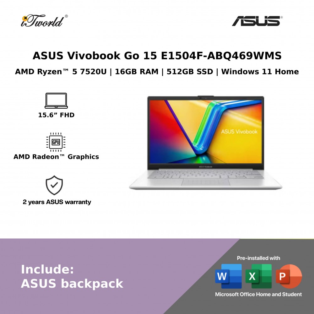 ASUS Vivobook Go 15 E1504F-ABQ469WMS Laptop (AMD Ryzen™ 5 7520U | 15.6” FHD | 16GB RAM | 512GB SSD | AMD Radeon™ Graphics | Windows 11 Home)