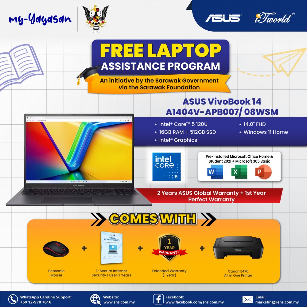 (my-Yayasan) ASUS Vivobook 14 A1404V-APB008WSM Laptop (Intel  ® Core™ 5 Processor 120U | 14” FHD | 16GB RAM | 512GB SSD | Intel  ® Graphics | Windows 11 Home | Office Home & Student + Office 365) 