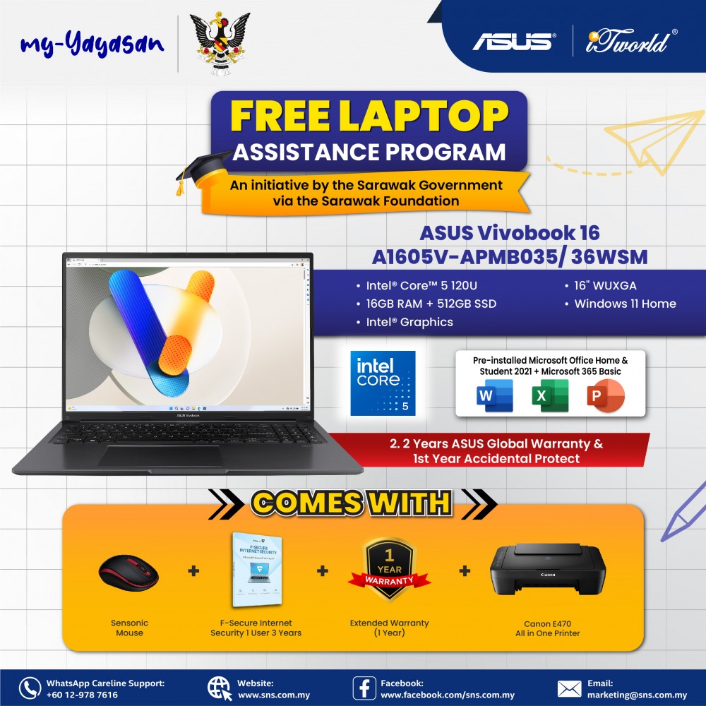 (my-Yayasan) Asus Vivobook A1605V-APMB036WSM (Intel Core 5-120U | 16” WUXGA, | 16GB RAM | 512GB SSD | Intel Graphics | Windows 11 Home)