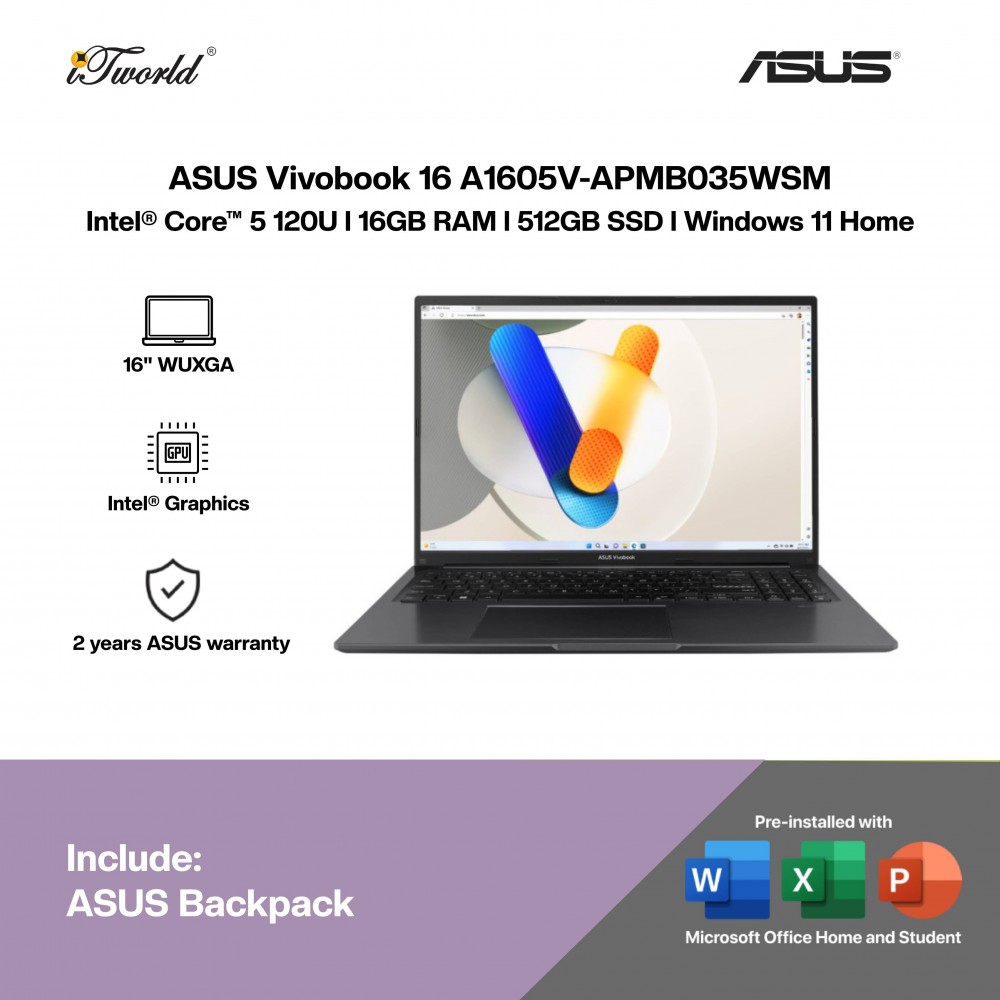 ASUS Vivobook 16 A1605V-APMB035WSM Laptop (Intel  ® Core™ 5 Processor 120U | 16”WUXGA | 16GB RAM | 512GB SSD | Intel  ® Graphics | Windows 11 Home | Office Home & Student + Offie 365)