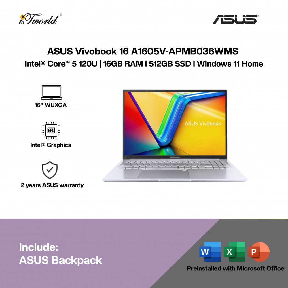 ASUS Vivobook 16 A1605V-APMB036WMS Laptop (Intel  ® Core™ 5 120U | 16" WUXGA | 16GB RAM | 512GB SSD | Intel  ® Graphics | Windows 11 Home |Microsoft Office Home 2024 + Microsoft 365)