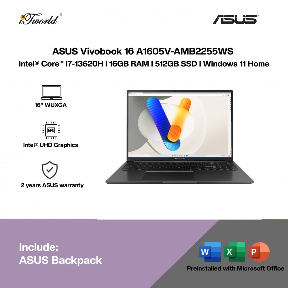 ASUS Vivobook 16 A1605V-AMB2255WS Laptop (Intel  ® Core™ i7-13620H | 16" WUXGA | 16GB RAM | 512GB SSD | Intel  ® UHD Graphics | Windows 11 Home |Microsoft Office Home 2024 + Microsoft 365)