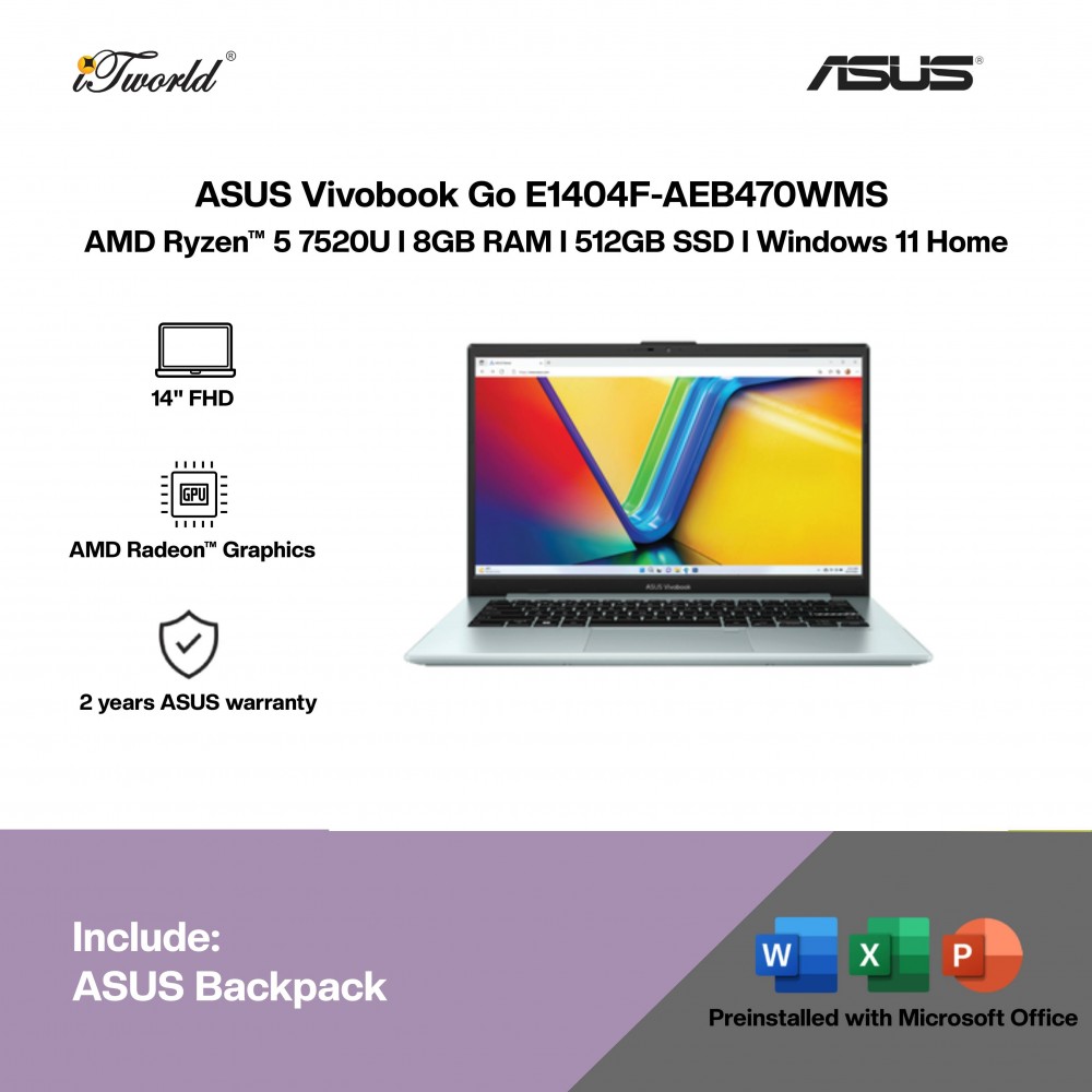 ASUS Vivobook Go E1404F-AEB470WMS Laptop (AMD Ryzen™ 5 7520U | 14" FHD | 16GB RAM | 512GB SSD | AMD Radeon™ Graphics | Windows 11 Home |Microsoft Office Home 2024 + Microsoft 365)