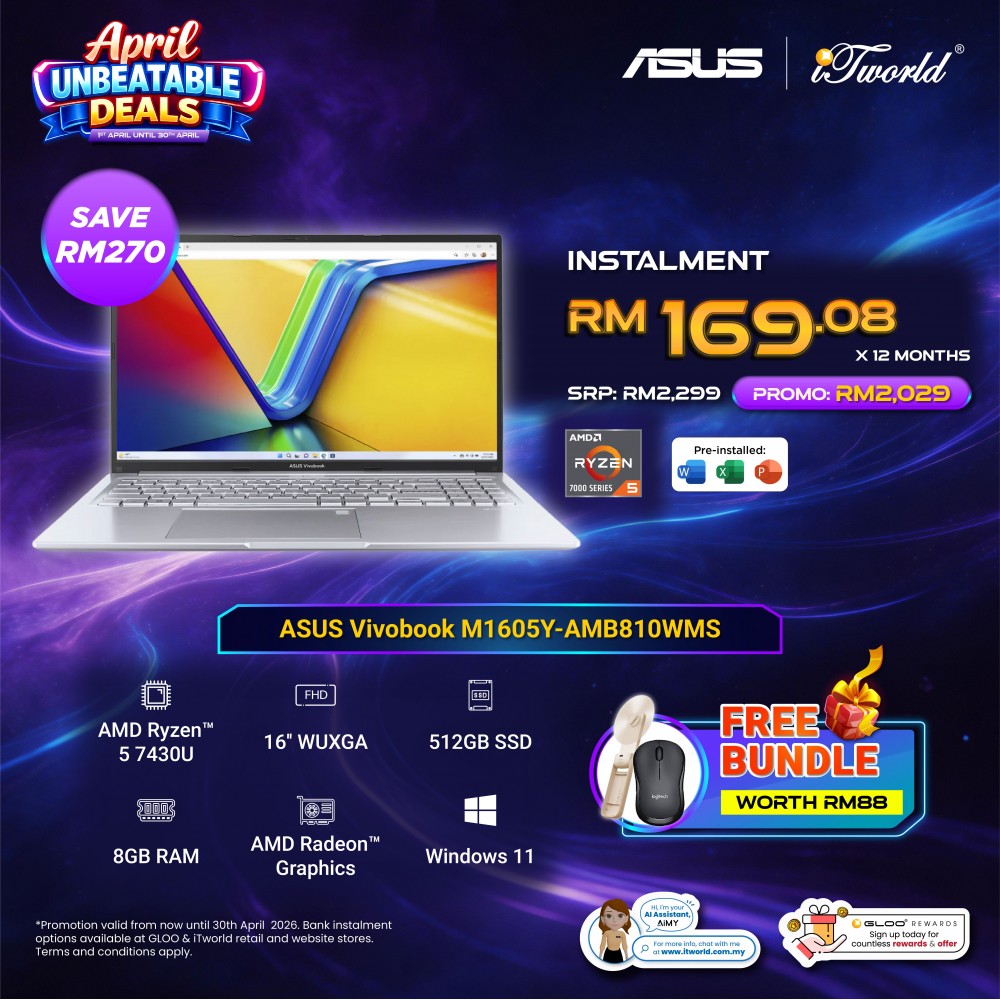 ASUS Vivobook M1605Y-AMB810WMS Laptop (AMD Ryzen™ 5 7430U | 16" WUXGA | 8GB RAM | 512GB SSD | AMD Radeon™ Graphics | Windows 11 Home |Microsoft Office Home 2024 + Microsoft 365)
