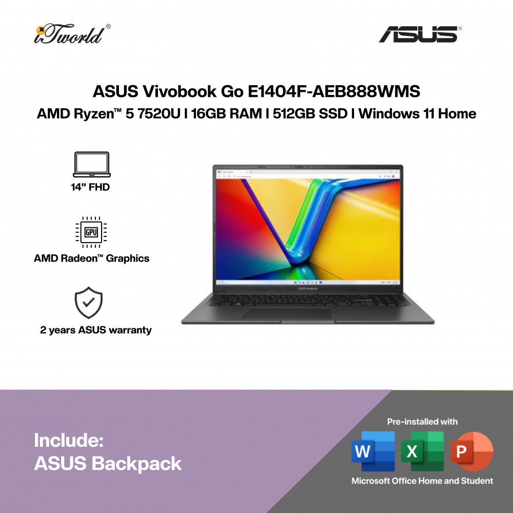 ASUS Vivobook Go E1404F-AEB888WMS Laptop (AMD Ryzen 5 7520U | 14"FHD | 16GB RAM | 512GB SSD | AMD Radeon Graphics | Windows 11 Home | Office Home & Student + M365)