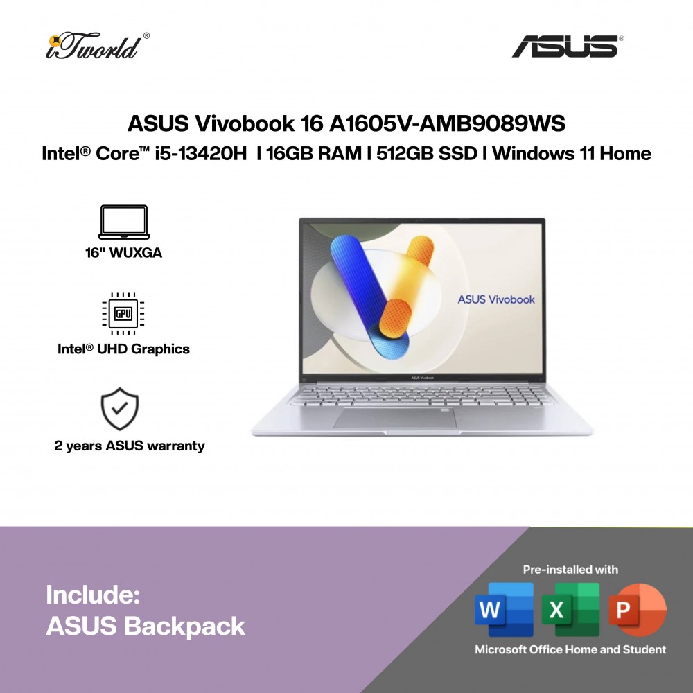 ASUS Vivobook 16 A1605V-AMB9089WS Laptop (Intel Core i5-13420H | 16"WUXGA | 16GB RAM | 512GB SSD | Intel Graphics | Windows Home | Office Home & Student + M365)
