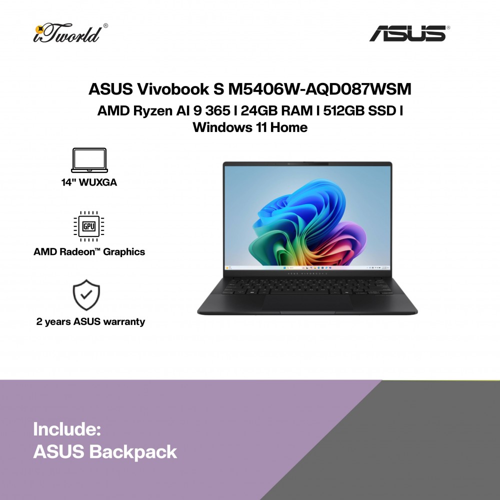ASUS Vivobook S M5406W-AQD087WSM Laptop (Ryzen AI 9 365,24GB,512GB SSD,AMD Radeon 880M Graphics,H&S,14” WUXGA,W11H,Blk,2Y)