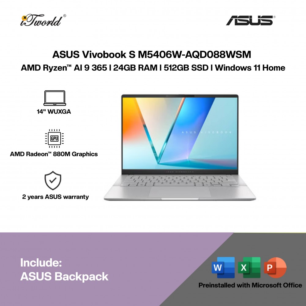 ASUS Vivobook S M5406W-AQD088WSM Laptop (AMD Ryzen™ AI 9 365 | 14" WUXGA | 24GB RAM | 512GB SSD | AMD Radeon™ 880M Graphics | Windows 11 Home |Microsoft Office Home & Student + Microsoft 365)