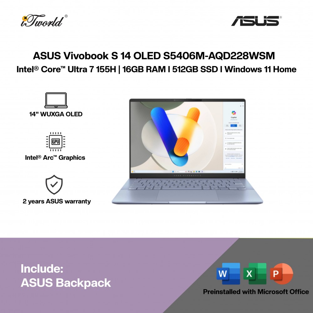 ASUS Vivobook S 14 OLED S5406M-AQD228WSM Laptop (Intel  ® Core™ Ultra 7 155H | 14" WUXGA OLED | 16GB RAM | 512GB SSD | Intel  ® Arc™ Graphics | Windows 11 Home |Microsoft Office Home & Student + Microsoft 365)