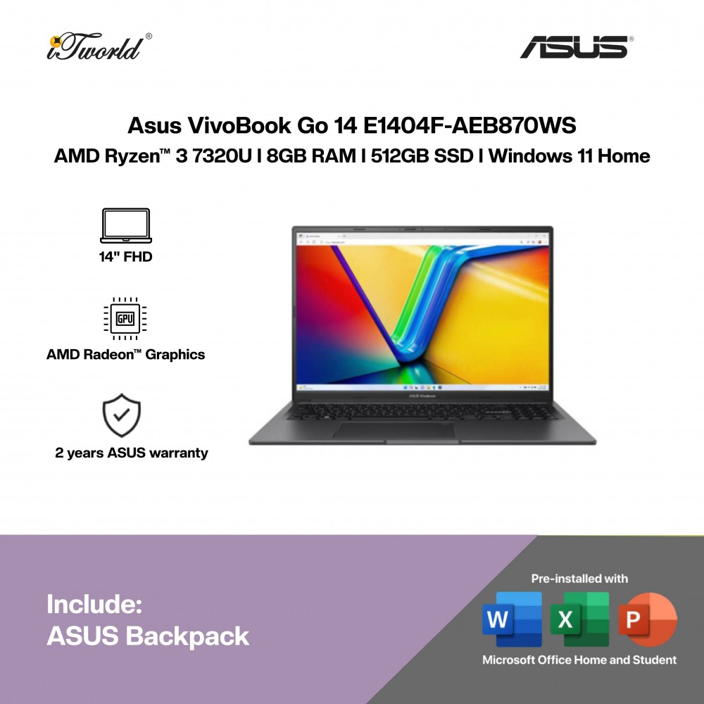 ASUS Vivobook Go 14 E1404F-AEB870WS Laptop (AMD Ryzen 3-7320U | 14'FHD | 8GB RAM | 512GB SSD | AMD Radeon Graphics | Windows 11 Home | Office Home & Student + M365)