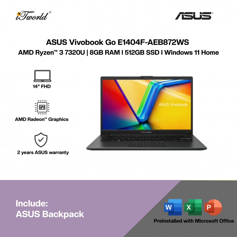 ASUS Vivobook Go E1404F-AEB872WS Laptop (AMD Ryzen™ 3 7320U | 14" FHD | 8GB RAM | 512GB SSD | AMD Radeon™ Graphics | Windows 11 Home |Microsoft Office Home 2024 + Microsoft 365)