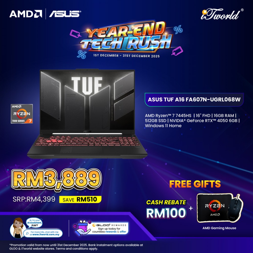 ASUS TUF A16 FA607N-UGRL068W Gaming Laptop (AMD Ryzen™ 7 7445HS | 16" FHD+ | 16GB RAM | 512GB SSD | NVIDIA  ® GeForce RTX™ 4050 6GB | Windows 11 Home)