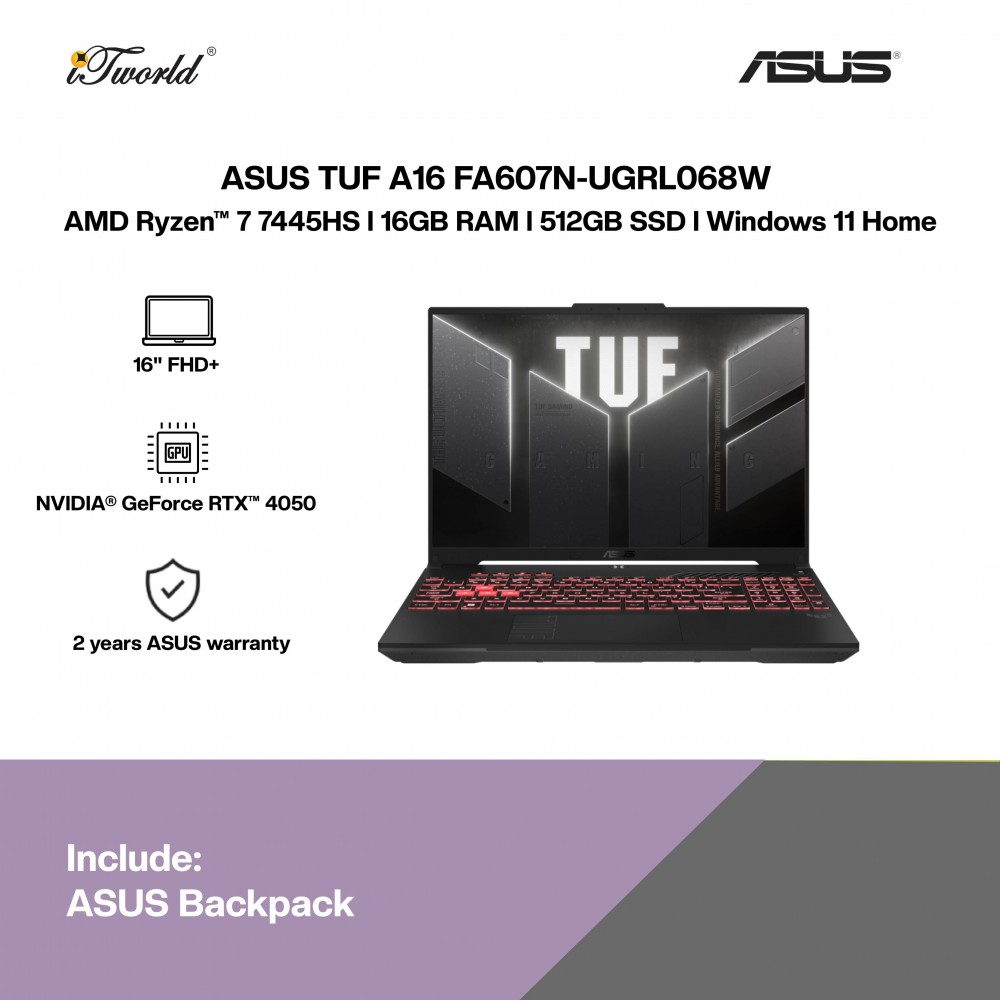ASUS TUF A16 FA607N-UGRL068W Gaming Laptop (AMD Ryzen™ 7 7445HS | 16" FHD+ | 16GB RAM | 512GB SSD | NVIDIA  ® GeForce RTX™ 4050 6GB | Windows 11 Home)