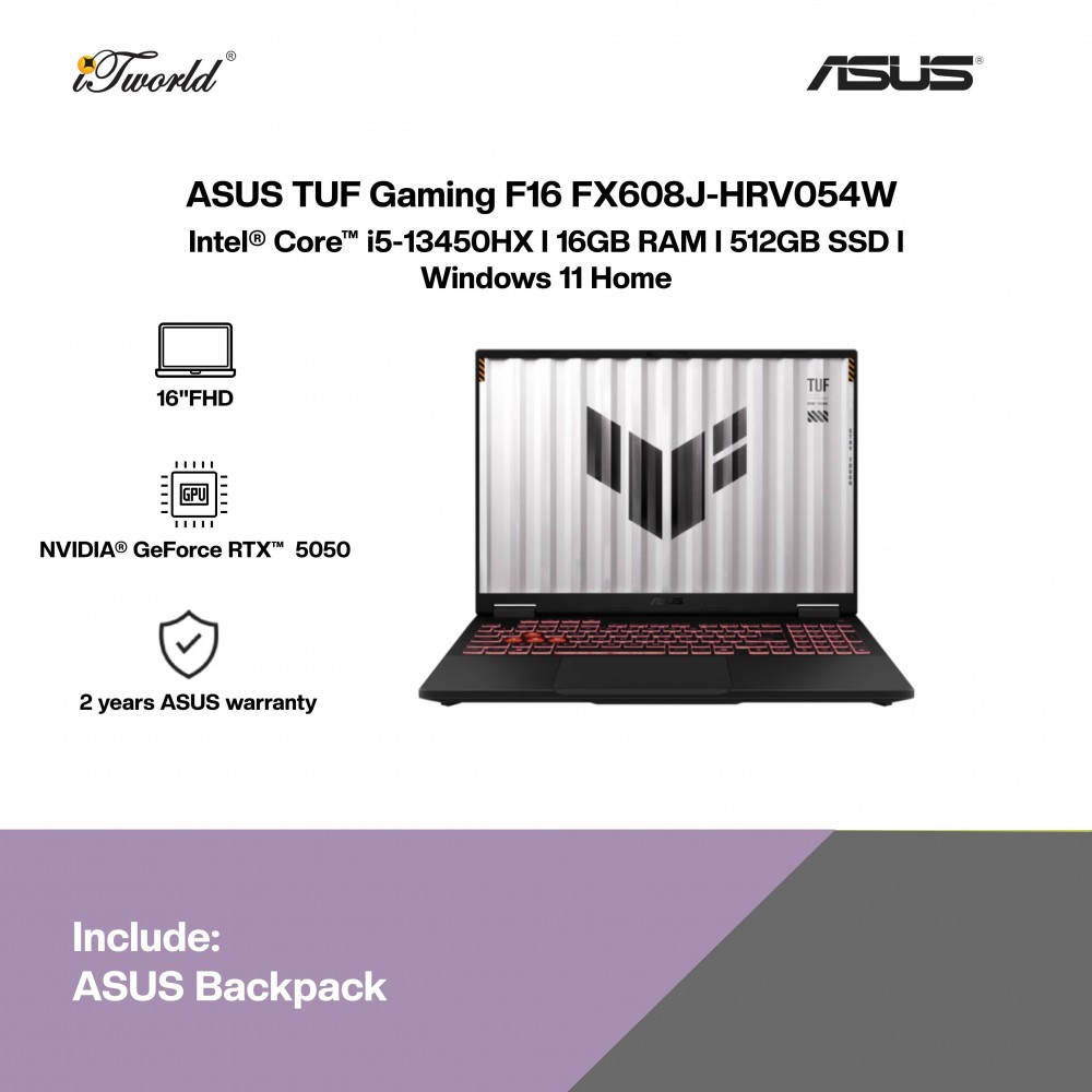 ASUS TUF Gaming F16 FX608J-HRV054W Gaming Laptop (NVIDIA  ® GeForce RTX™ 5050 | C i5-13450HX | 16" FHD+ | 16GB RAM | 512GB SSD | Windows 11 Home)