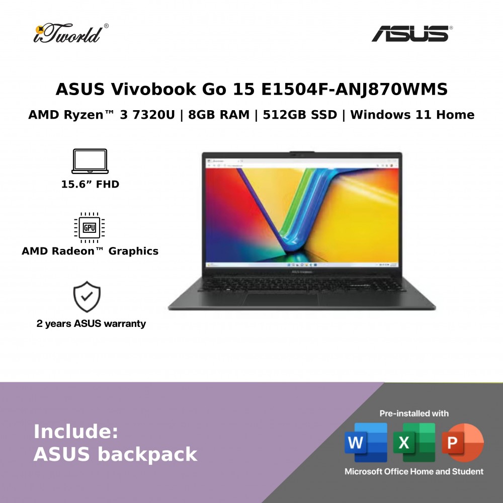ASUS Vivobook Go 15 E1504F-ANJ870WMS Laptop (AMD Ryzen™ 3 7320U | 15.6” FHD | 8GB RAM | 512GB SSD | AMD Radeon™ Graphics | Windows 11 Home) 