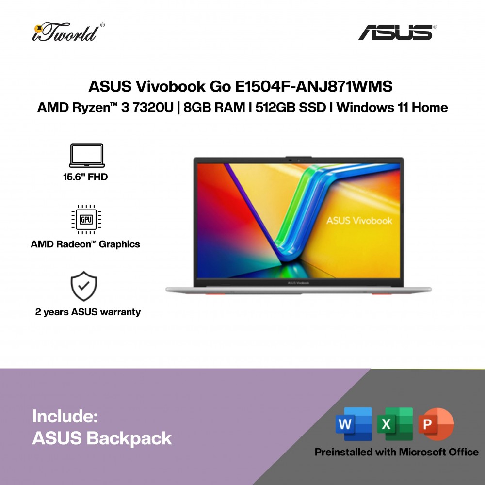 ASUS Vivobook Go E1504F-ANJ871WMS Laptop (AMD Ryzen™ 3 7320U | 15.6" FHD | 8GB RAM | 512GB SSD | AMD Radeon™ Graphics | Windows 11 Home |Microsoft Office Home 2024 + Microsoft 365)